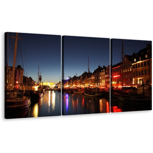 Light Canal Canvas Print, Copenhagen Harbor Boats 3 Piece Canvas Set, Blue Sky Multi Canvas, Orange Nyhavn Harbor Kayak Houses Canvas Wall Art