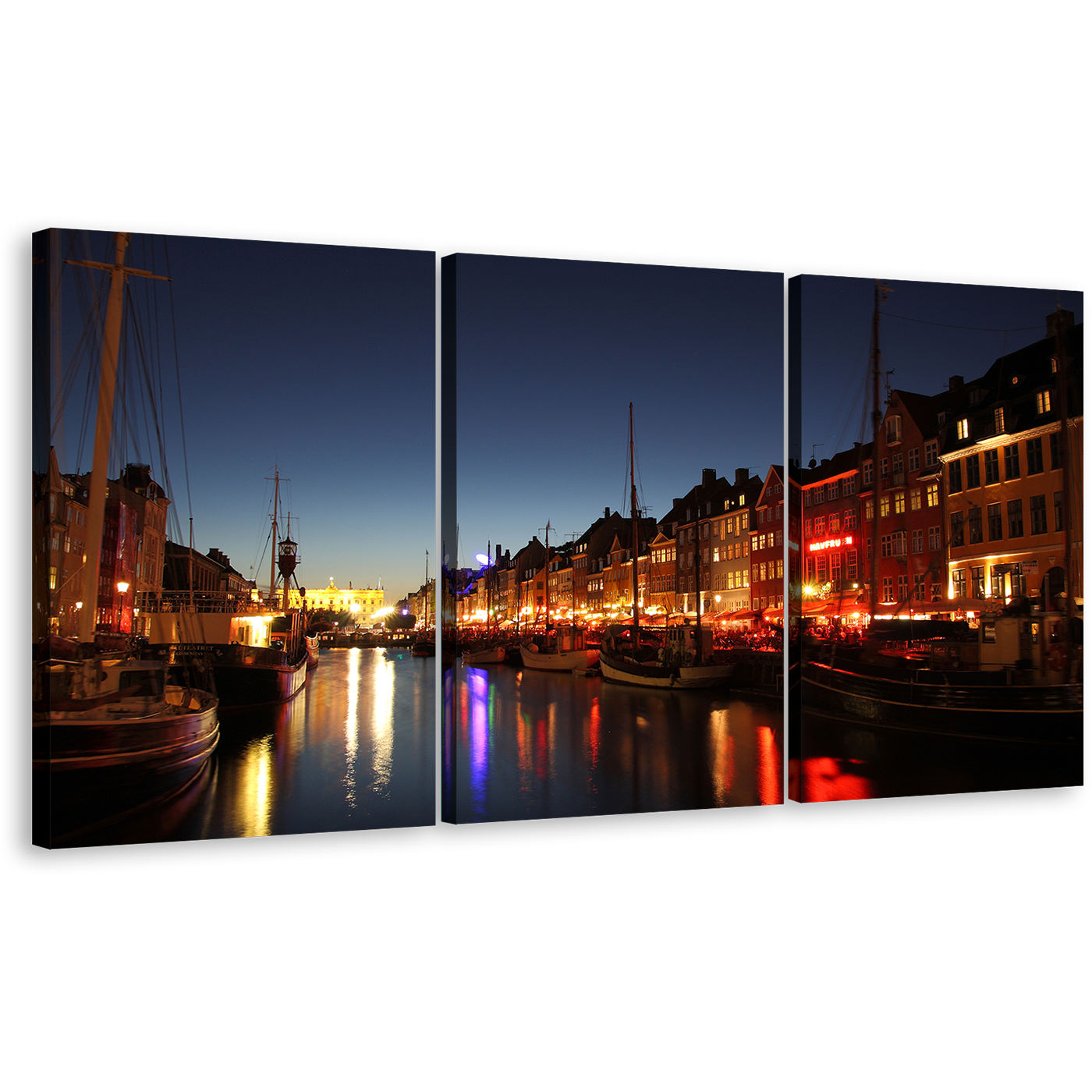 Light Canal Canvas Print, Copenhagen Harbor Boats 3 Piece Canvas Set, Blue Sky Multi Canvas, Orange Nyhavn Harbor Kayak Houses Canvas Wall Art