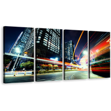 Load image into Gallery viewer, Light Trail Canvas Print, City Traffic Moving Red Lights Wall Art, Dark Blue Night Sky 4 Piece Canvas Set
