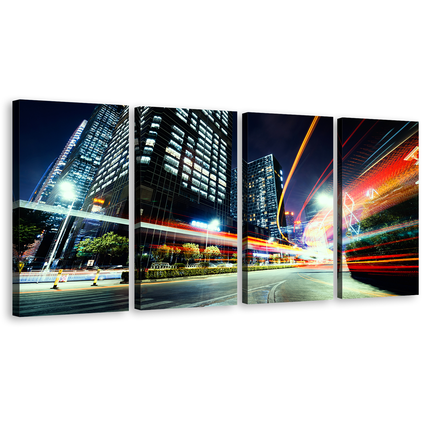 Light Trail Canvas Print, City Traffic Moving Red Lights Wall Art, Dark Blue Night Sky 4 Piece Canvas Set