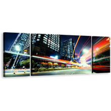 Load image into Gallery viewer, Light Trail Canvas Print, Dark Blue Night Sky 3 Piece Canvas Set, City Traffic Moving Red Lights Wall Art
