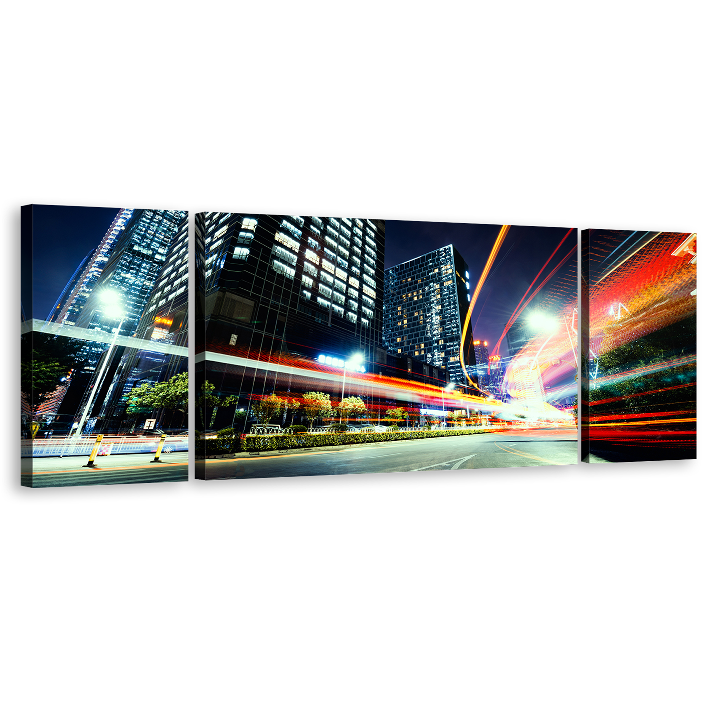 Light Trail Canvas Print, Dark Blue Night Sky 3 Piece Canvas Set, City Traffic Moving Red Lights Wall Art