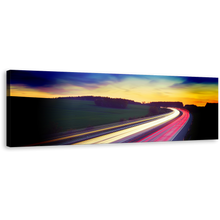 Load image into Gallery viewer, Light Trail Canvas Print, Moving Red Car Light Wide Canvas Art, Dramatic Blue Yellow Sky Panoramic Wall Art
