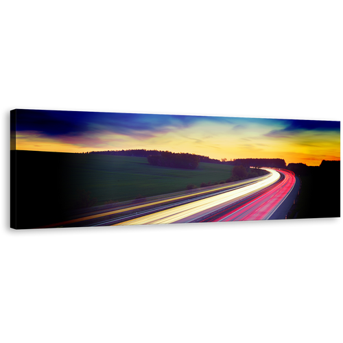 Light Trail Canvas Print, Moving Red Car Light Wide Canvas Art, Dramatic Blue Yellow Sky Panoramic Wall Art