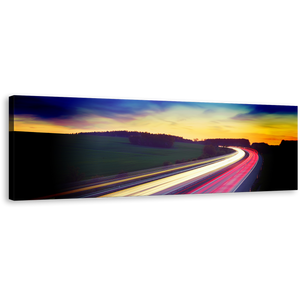 Light Trail Canvas Print, Moving Red Car Light Wide Canvas Art, Dramatic Blue Yellow Sky Panoramic Wall Art