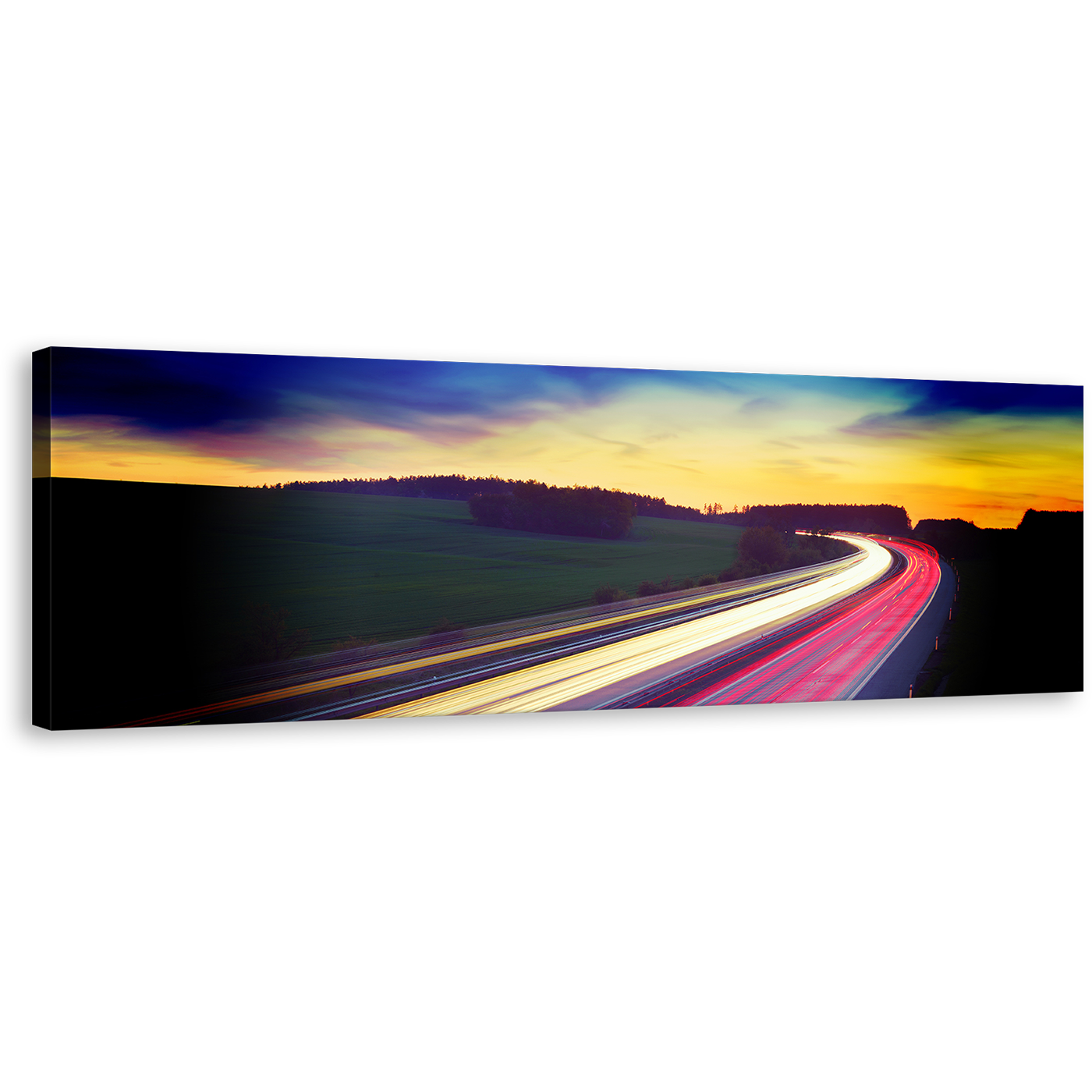 Light Trail Canvas Print, Moving Red Car Light Wide Canvas Art, Dramatic Blue Yellow Sky Panoramic Wall Art