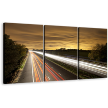 Load image into Gallery viewer, Light Trail Canvas Print, White Highway Traffic Lights Trail 3 Piece Canvas, Beautiful Yellow Sky Motorway Bridge Canvas Wall Art
