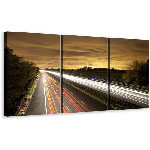 Light Trail Canvas Print, White Highway Traffic Lights Trail 3 Piece Canvas, Beautiful Yellow Sky Motorway Bridge Canvas Wall Art