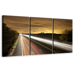 Light Trail Canvas Print, White Highway Traffic Lights Trail 3 Piece Canvas, Beautiful Yellow Sky Motorway Bridge Canvas Wall Art