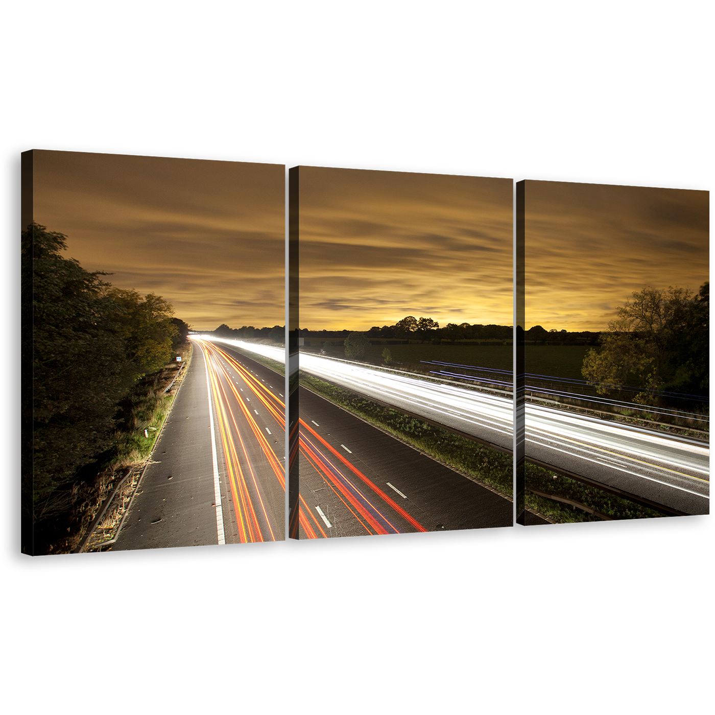 Light Trail Canvas Print, White Highway Traffic Lights Trail 3 Piece Canvas, Beautiful Yellow Sky Motorway Bridge Canvas Wall Art