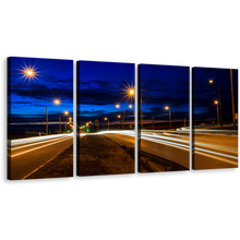 Load image into Gallery viewer, Light Trail Canvas Wall Art, Blue Sky Twilight City Roads 4 Piece Canvas, Moving Car Yellow Lights Canvas Print
