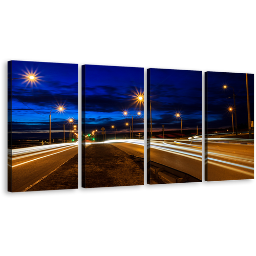 Light Trail Canvas Wall Art, Blue Sky Twilight City Roads 4 Piece Canvas, Moving Car Yellow Lights Canvas Print