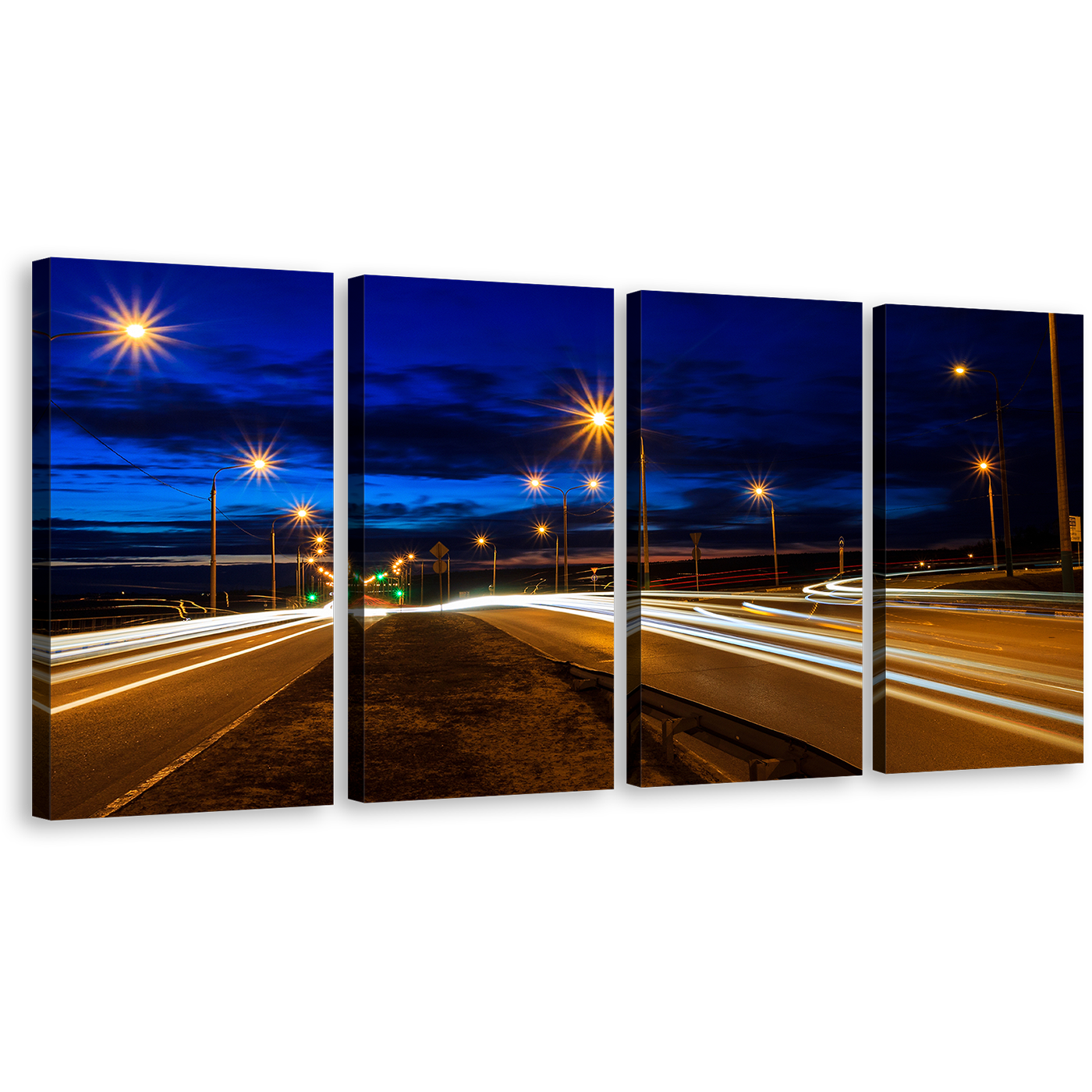 Light Trail Canvas Wall Art, Blue Sky Twilight City Roads 4 Piece Canvas, Moving Car Yellow Lights Canvas Print