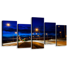 Load image into Gallery viewer, Light Trail Canvas Wall Art, Blue Sky Twilight City Roads 5 Piece Canvas Print, Moving Car Yellow Lights Multi Canvas
