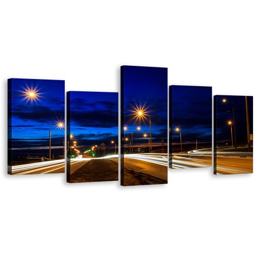 Light Trail Canvas Wall Art, Blue Sky Twilight City Roads 5 Piece Canvas Print, Moving Car Yellow Lights Multi Canvas