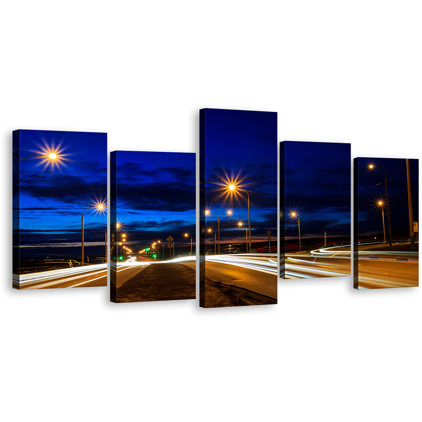 Light Trail Canvas Wall Art, Blue Sky Twilight City Roads 5 Piece Canvas Print, Moving Car Yellow Lights Multi Canvas