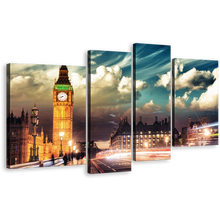 Load image into Gallery viewer, Light Trail Canvas Wall Art, London Green Cloudy Sky Canvas Multi-panel Print, Gold Clock Tower 4 Piece Canvas Set
