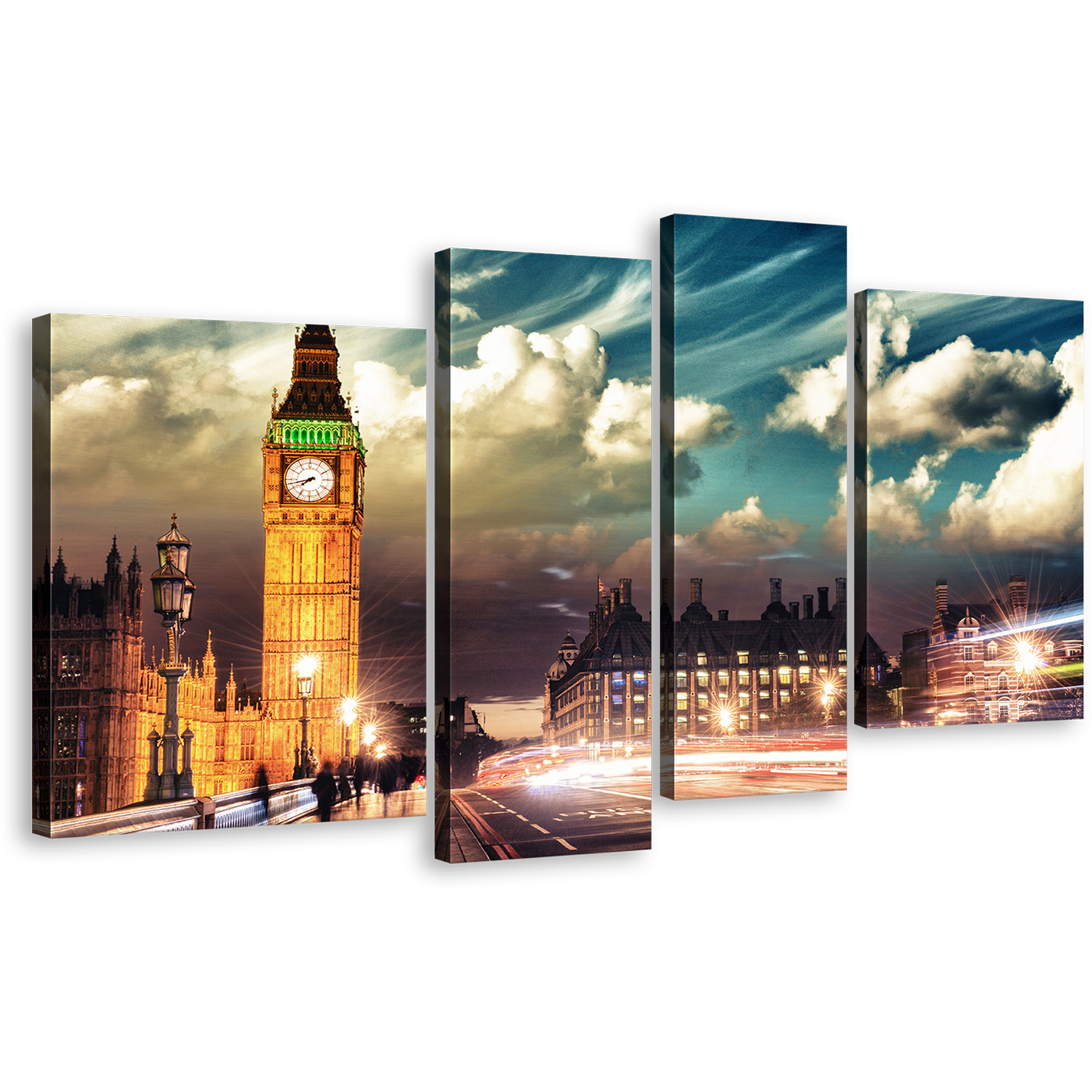 Light Trail Canvas Wall Art, London Green Cloudy Sky Canvas Multi-panel Print, Gold Clock Tower 4 Piece Canvas Set