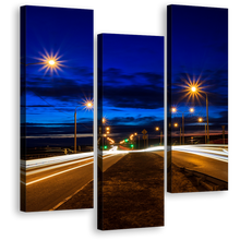 Load image into Gallery viewer, Light Trail Canvas Wall Art, Moving Car Yellow Lights 3 Piece Canvas Set, Blue Sky Twilight City Roads Triptych Canvas Print
