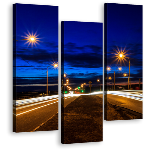 Light Trail Canvas Wall Art, Moving Car Yellow Lights 3 Piece Canvas Set, Blue Sky Twilight City Roads Triptych Canvas Print