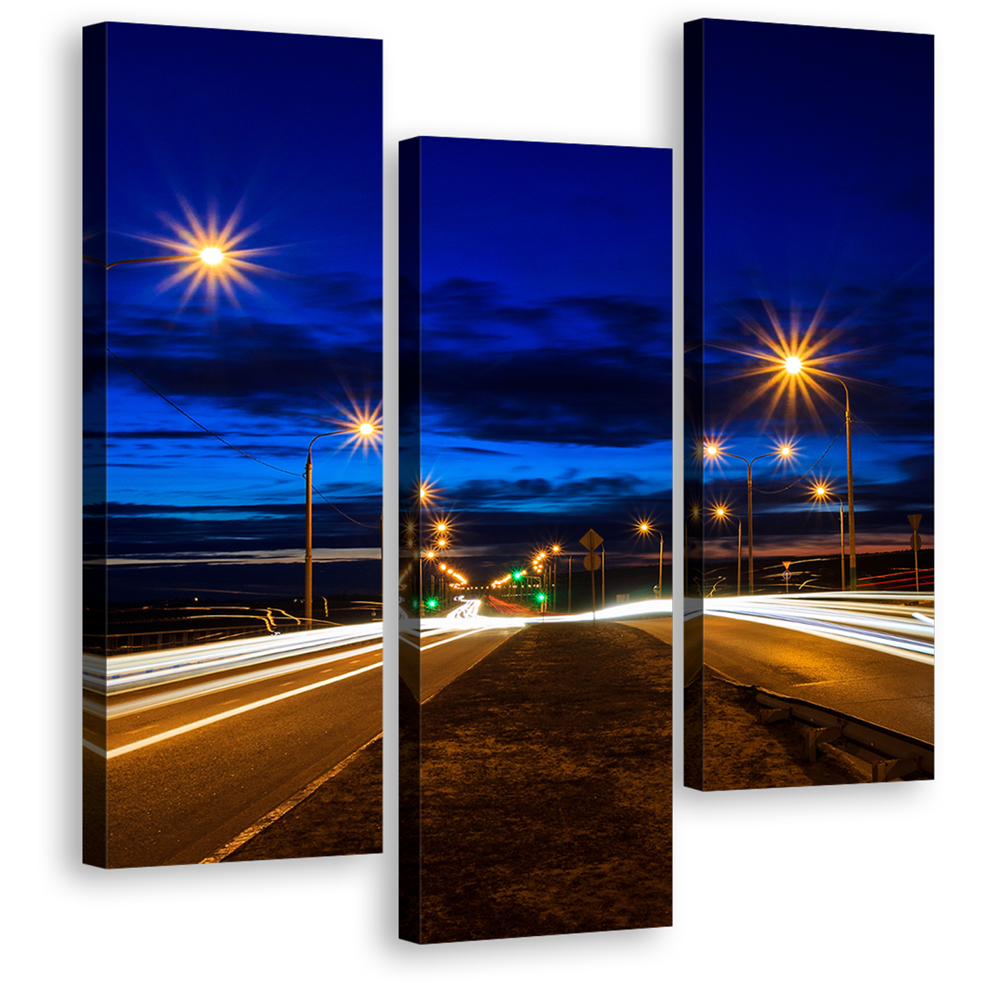 Light Trail Canvas Wall Art, Moving Car Yellow Lights 3 Piece Canvas Set, Blue Sky Twilight City Roads Triptych Canvas Print