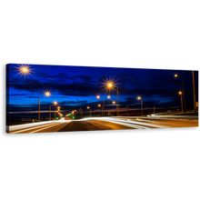 Load image into Gallery viewer, Light Trail Canvas Wall Art, Moving Car Yellow Lights Panoramic Canvas Print, Blue Sky Twilight City Roads 1 Piece Canvas
