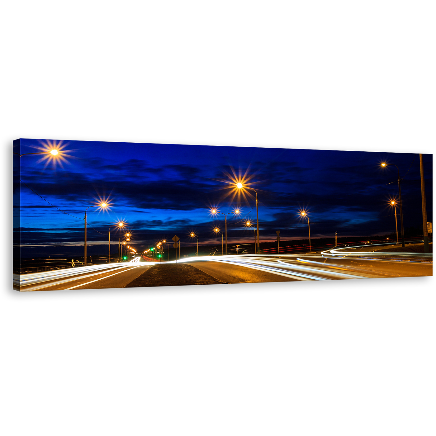 Light Trail Canvas Wall Art, Moving Car Yellow Lights Panoramic Canvas Print, Blue Sky Twilight City Roads 1 Piece Canvas