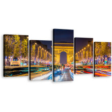 Load image into Gallery viewer, Light Trail Canvas Wall Art, Paris City Night Canvas Print, Arc de Triomphe 5 Piece Canvas, France Avenue Des Champs Elysees Canvas Set
