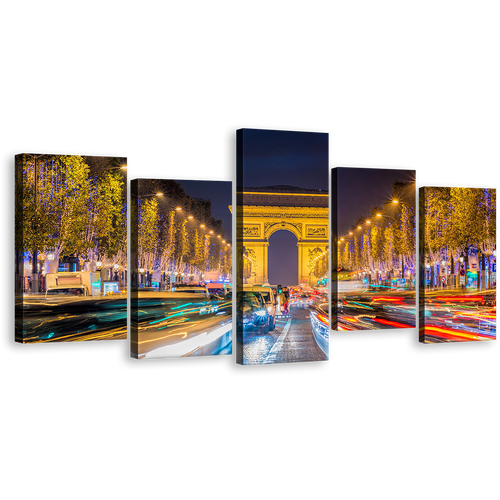 Light Trail Canvas Wall Art, Paris City Night Canvas Print, Arc de Triomphe 5 Piece Canvas, France Avenue Des Champs Elysees Canvas Set