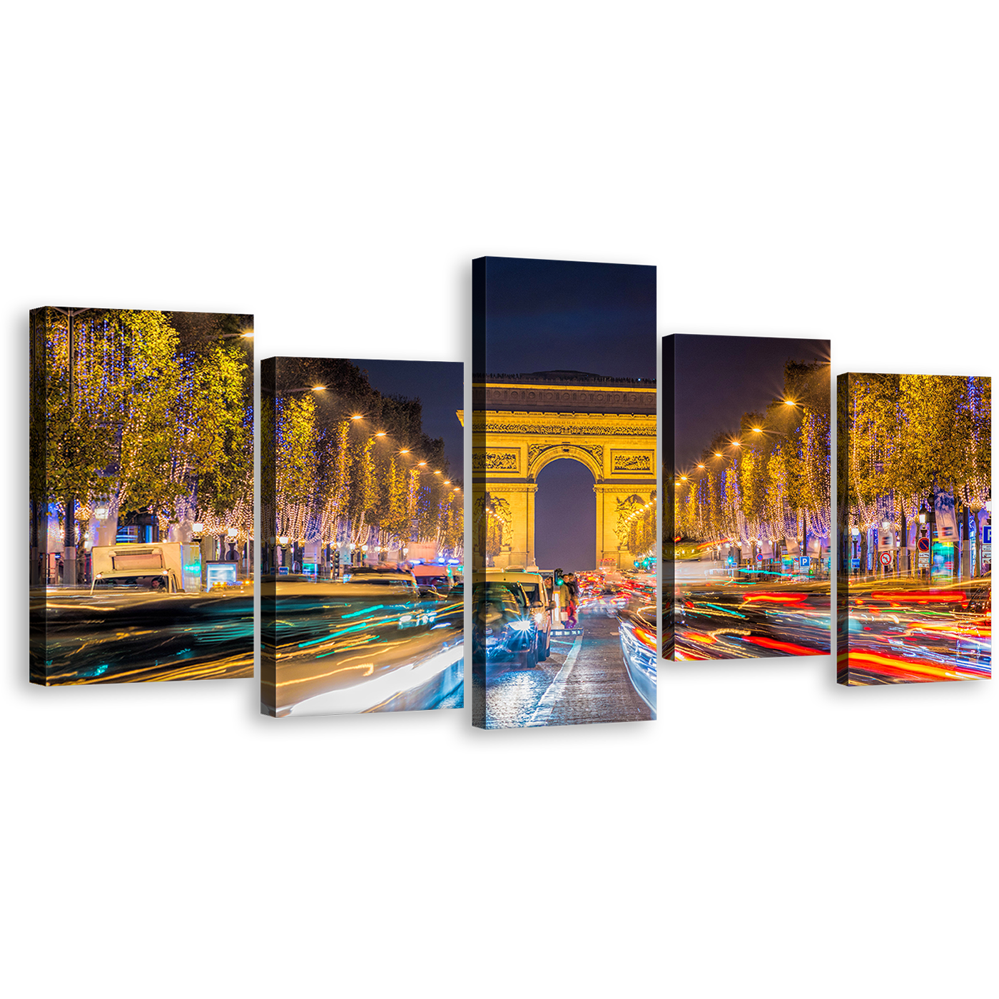 Light Trail Canvas Wall Art, Paris City Night Canvas Print, Arc de Triomphe 5 Piece Canvas, France Avenue Des Champs Elysees Canvas Set