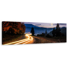 Load image into Gallery viewer, Light Trail Canvas Wall Art, Yellow Car Lights Canvas Artwork, Blue Mountains Landscape Trees Panoramic Canvas Print, Countryside Road Wide Canvas
