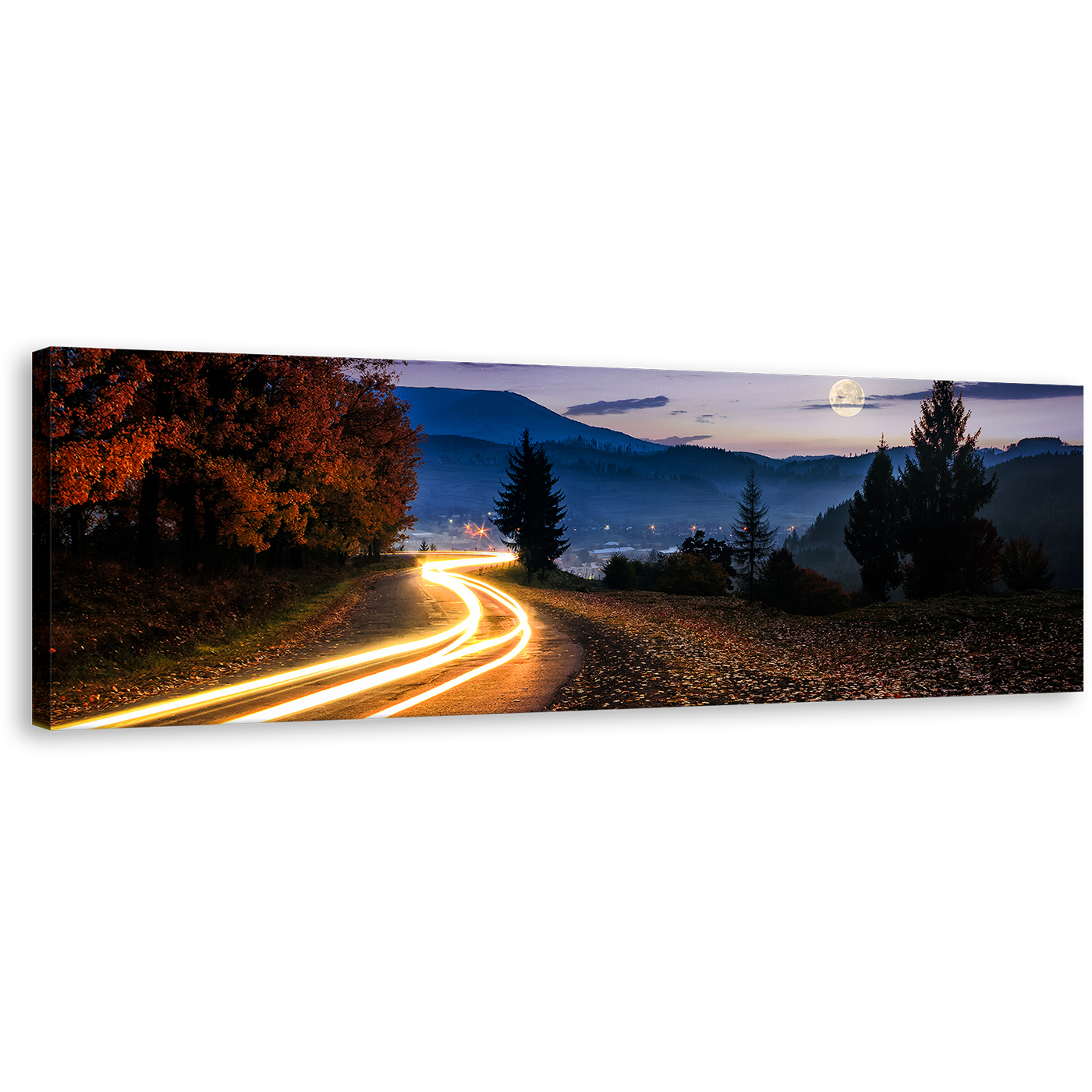 Light Trail Canvas Wall Art, Yellow Car Lights Canvas Artwork, Blue Mountains Landscape Trees Panoramic Canvas Print, Countryside Road Wide Canvas