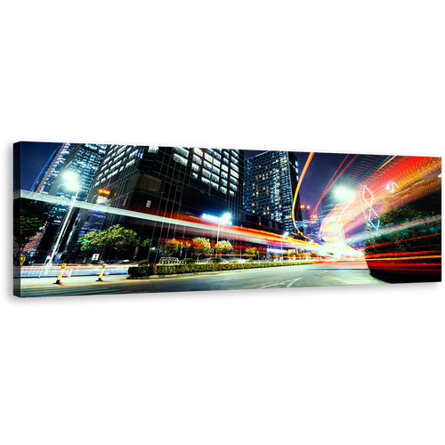 Light Trail Wall Art, City Traffic Moving Red Lights Panoramic Canvas Art, Dark Blue Night Sky 1 Piece Canvas Print