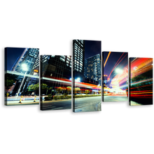 Load image into Gallery viewer, Light Trail Wall Art, Dark Blue Night Sky Multiple Canvas, City Traffic Moving Red Lights 5 Piece Canvas Print
