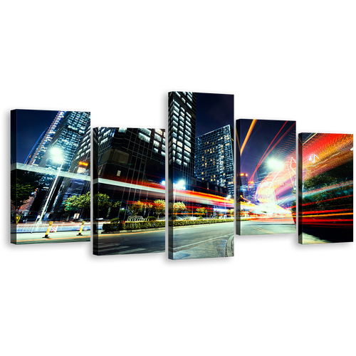 Light Trail Wall Art, Dark Blue Night Sky Multiple Canvas, City Traffic Moving Red Lights 5 Piece Canvas Print