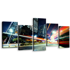 Light Trail Wall Art, Dark Blue Night Sky Multiple Canvas, City Traffic Moving Red Lights 5 Piece Canvas Print
