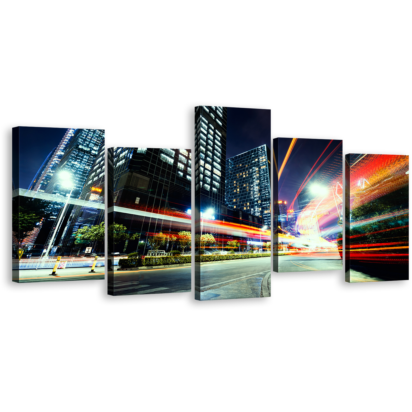 Light Trail Wall Art, Dark Blue Night Sky Multiple Canvas, City Traffic Moving Red Lights 5 Piece Canvas Print