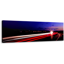 Load image into Gallery viewer, Light Trail Wall Art, Highway Lights Night Blue Sky Canvas Print, Moving Cars Red Light Panoramic Canvas Art
