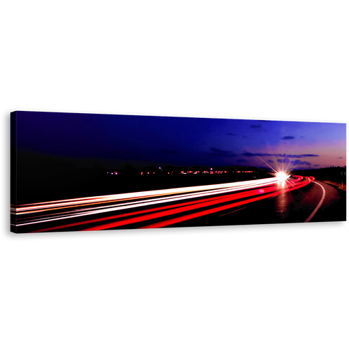 Light Trail Wall Art, Highway Lights Night Blue Sky Canvas Print, Moving Cars Red Light Panoramic Canvas Art