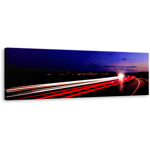 Light Trail Wall Art, Highway Lights Night Blue Sky Canvas Print, Moving Cars Red Light Panoramic Canvas Art