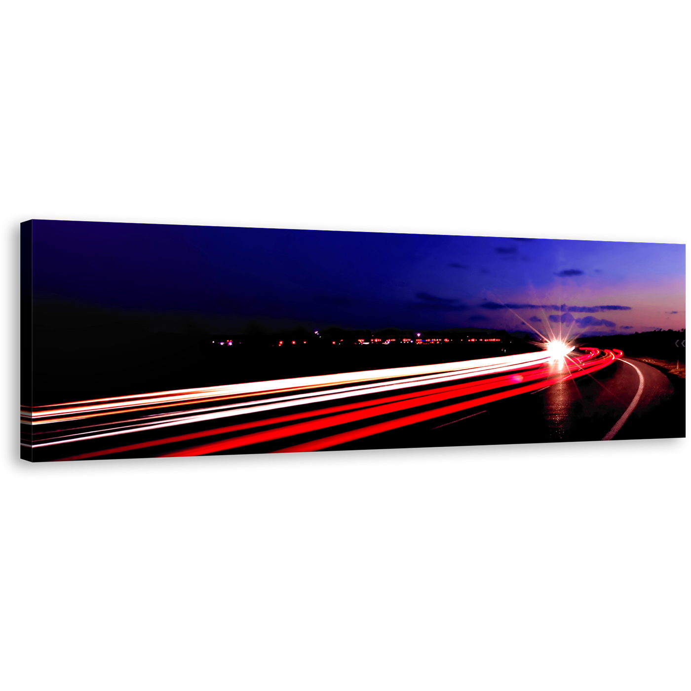 Light Trail Wall Art, Highway Lights Night Blue Sky Canvas Print, Moving Cars Red Light Panoramic Canvas Art