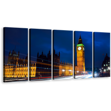 Load image into Gallery viewer, Light Trail Wall Art, London Green Gold Clock Tower 5 Piece Canvas Multi-panel Print, Westminster City Blue Sky Multi Canvas
