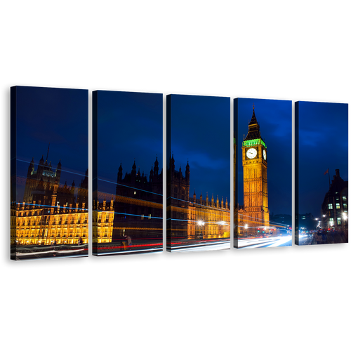 Light Trail Wall Art, London Green Gold Clock Tower 5 Piece Canvas Multi-panel Print, Westminster City Blue Sky Multi Canvas