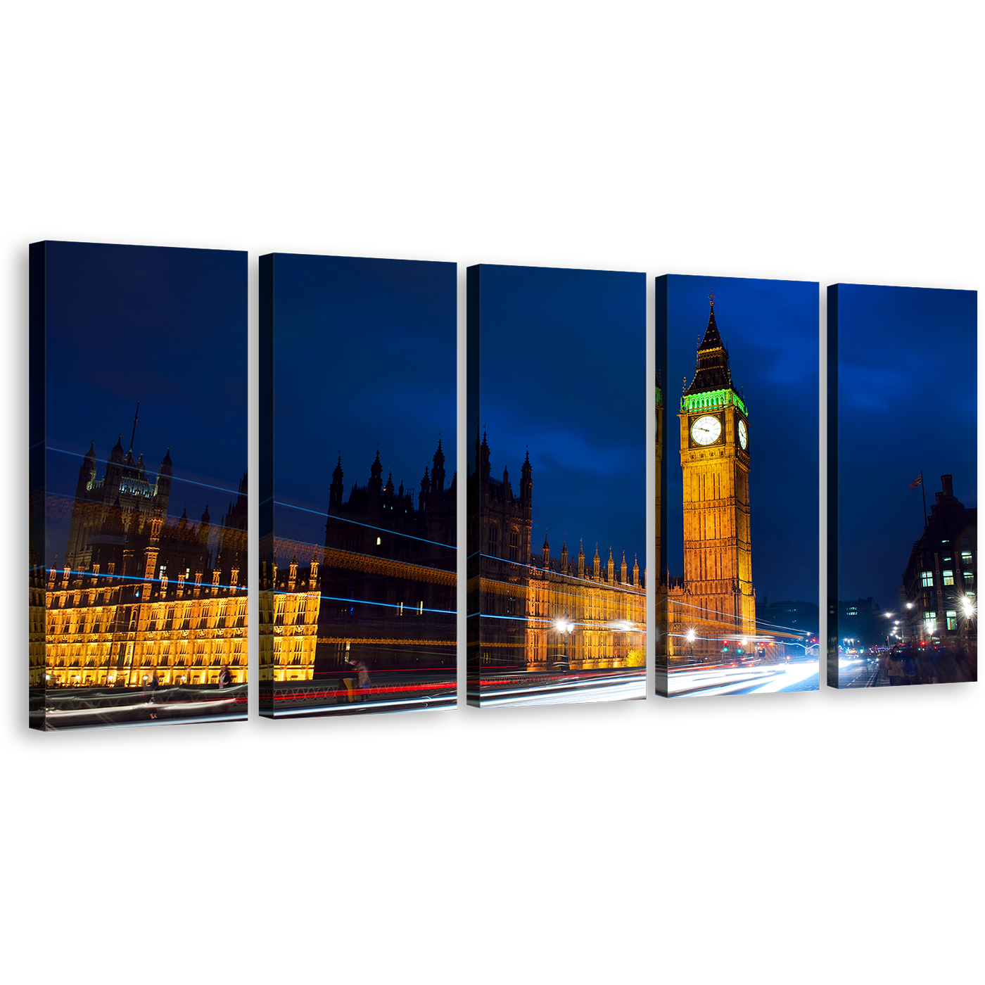 Light Trail Wall Art, London Green Gold Clock Tower 5 Piece Canvas Multi-panel Print, Westminster City Blue Sky Multi Canvas