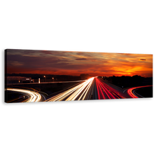 Load image into Gallery viewer, Light Trails Canvas Print, Moving Car Orange Sunset City 1 Piece Canvas Art, Red Highway Traffic Lights Wall Art
