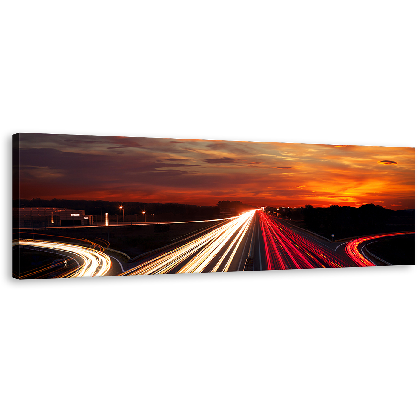 Light Trails Canvas Print, Moving Car Orange Sunset City 1 Piece Canvas Art, Red Highway Traffic Lights Wall Art