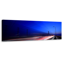 Load image into Gallery viewer, Light Trails Wall Art, Red White Light Streaks Sunset Canvas Art, Highway Lights Blue Sky Panoramic Canvas Print
