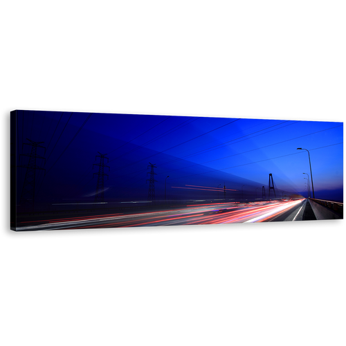 Light Trails Wall Art, Red White Light Streaks Sunset Canvas Art, Highway Lights Blue Sky Panoramic Canvas Print