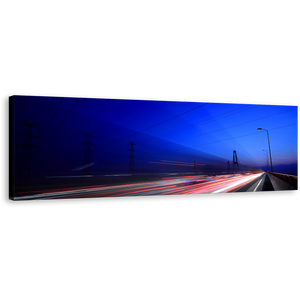 Light Trails Wall Art, Red White Light Streaks Sunset Canvas Art, Highway Lights Blue Sky Panoramic Canvas Print