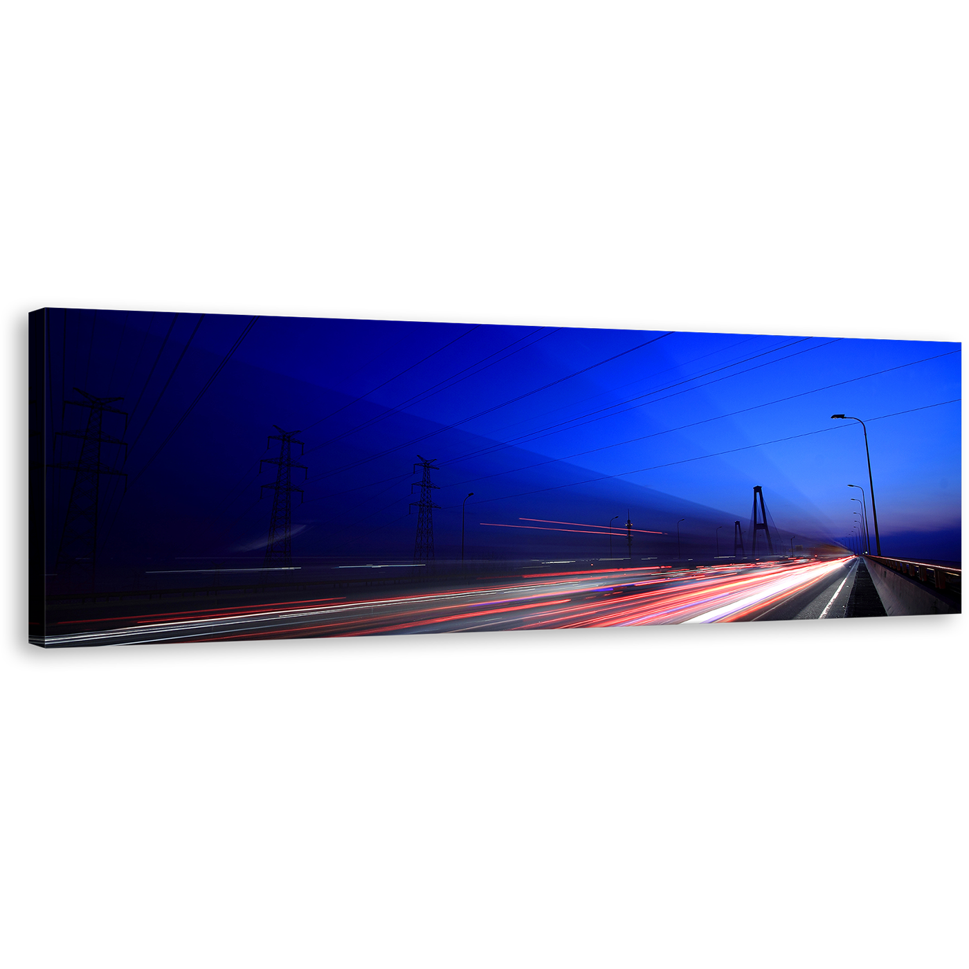 Light Trails Wall Art, Red White Light Streaks Sunset Canvas Art, Highway Lights Blue Sky Panoramic Canvas Print